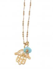 mbPFatimaBibaAmazGP (Short Gold Plated Necklace with Fatima Hand and Amazonite on Biba Chain)